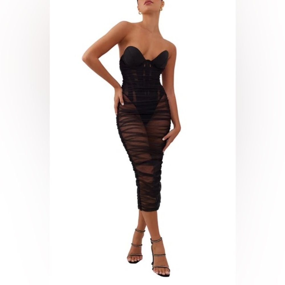 New HEIRESS BEVERLY HILLS Black strapless corset panel‎ tulle midi dress
